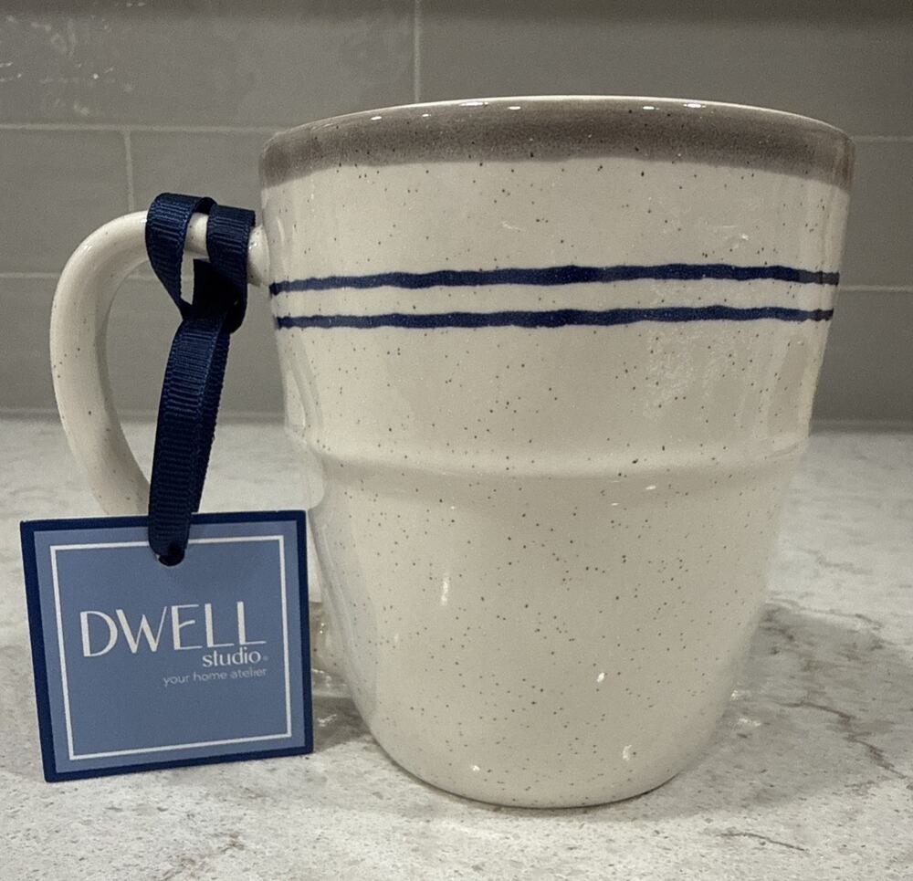 Dwell Studio BLUE Taupe STRIPED Cream Speckled 20 Fl Oz Ceramic Mug Nautical NEW